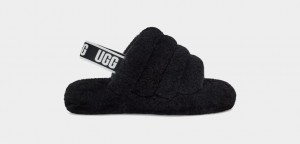 Black Ugg Fluff Yeah Kids' Slippers | 683014-HCT