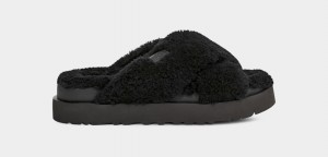 Black Ugg Fuzz Sugar Cross Women Slippers | 043897-HPA