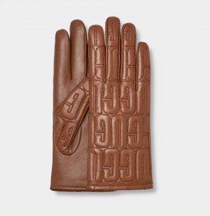 Brown Ugg Leather Quilted Logo Women Gloves | 730912-WNT