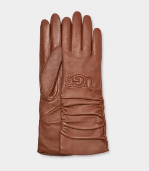 Brown Ugg Leather Scrunched Logo Women Gloves | 130279-FQK