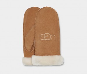 Brown Ugg Shearling Embroider Mitten Women Gloves | 084231-BJE