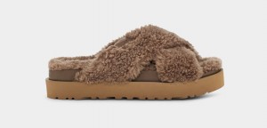 Chocolate Ugg Fuzz Sugar Cross Women Slides | 203589-PIB