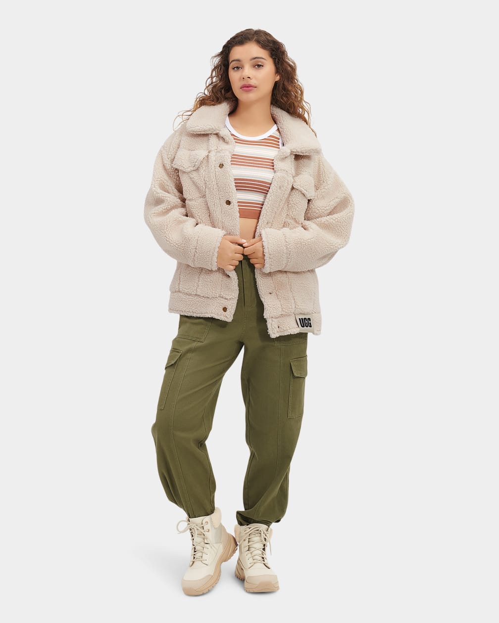 Beige Ugg Frankie Sherpa Trucker Women Jackets | 346578-IUT