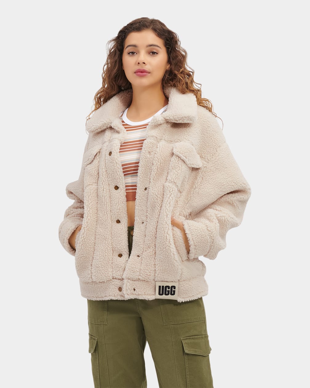 Beige Ugg Frankie Sherpa Trucker Women Jackets | 346578-IUT