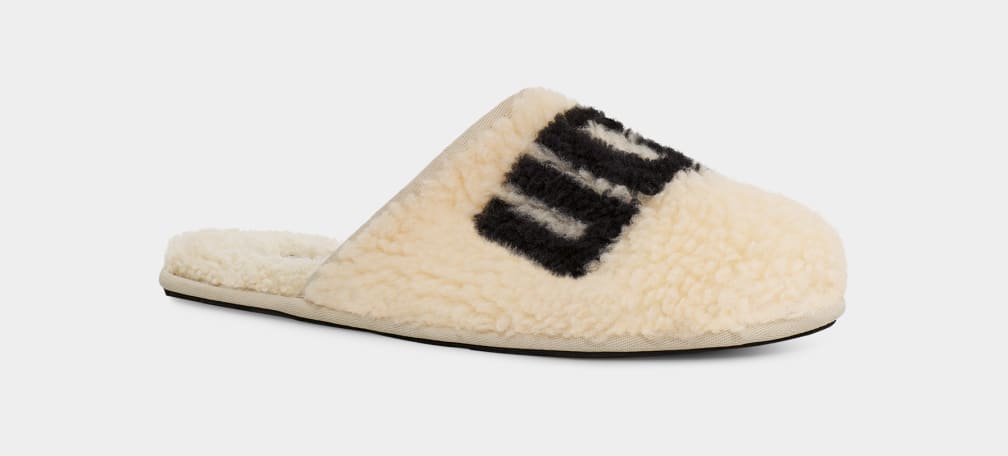 Beige Ugg Scuff Curly Graphic Men Slippers | 158403-ZJU