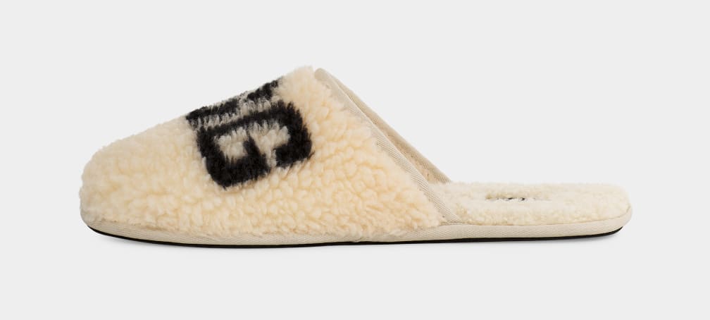 Beige Ugg Scuff Curly Graphic Men Slippers | 158403-ZJU