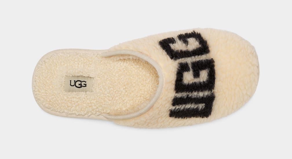 Beige Ugg Scuff Curly Graphic Men Slippers | 158403-ZJU