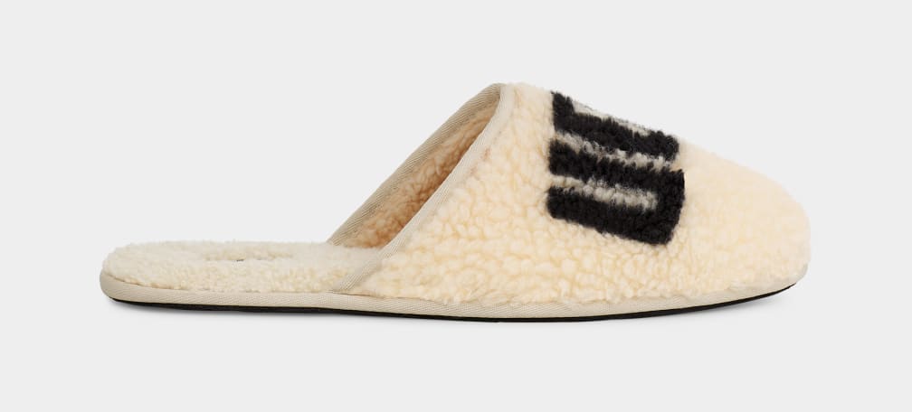 Beige Ugg Scuff Curly Graphic Men Slippers | 158403-ZJU