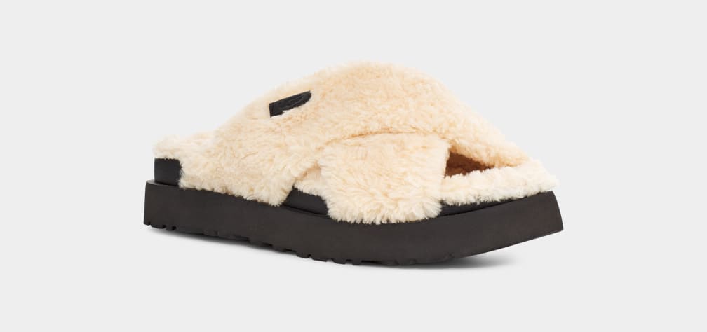 Beige / Black Ugg Fuzz Sugar Cross Women Slides | 907156-DEO