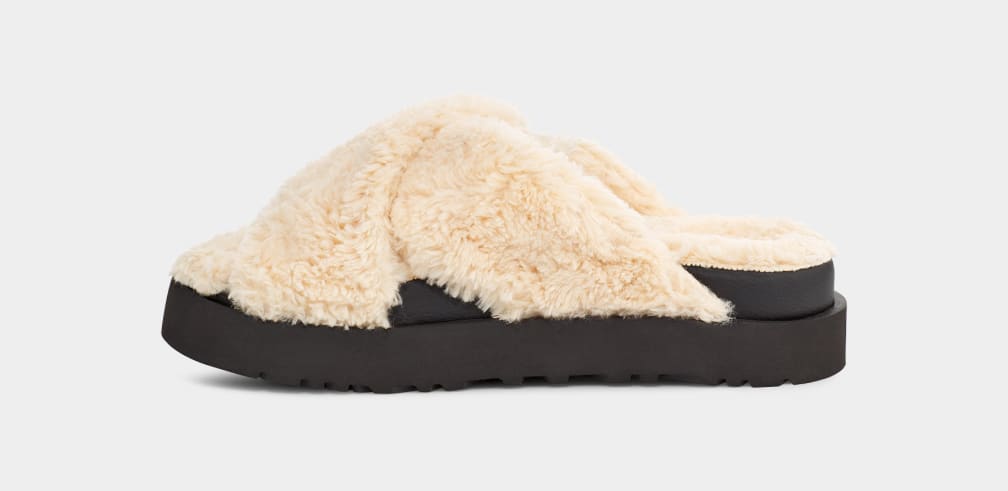 Beige / Black Ugg Fuzz Sugar Cross Women Slides | 907156-DEO