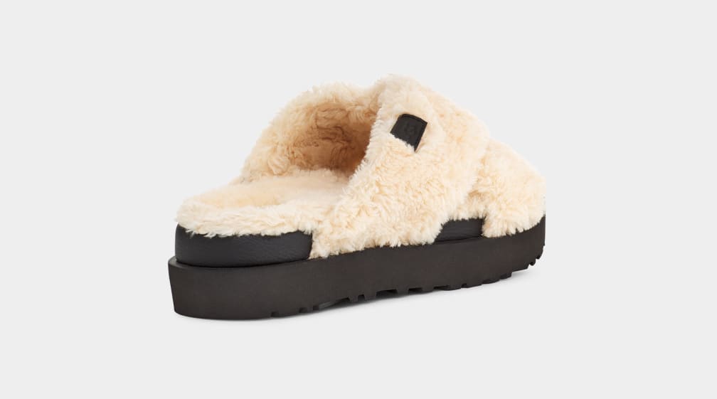 Beige / Black Ugg Fuzz Sugar Cross Women Slides | 907156-DEO