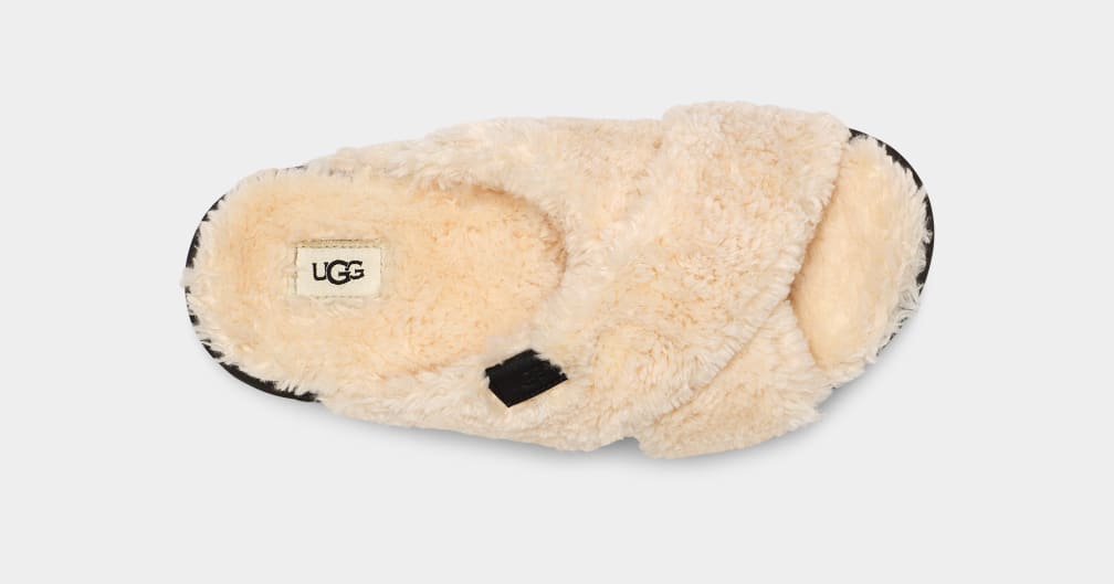 Beige / Black Ugg Fuzz Sugar Cross Women Slides | 907156-DEO