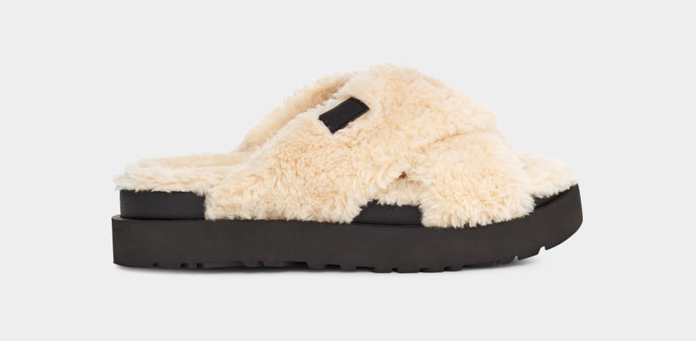 Beige / Black Ugg Fuzz Sugar Cross Women Slides | 907156-DEO