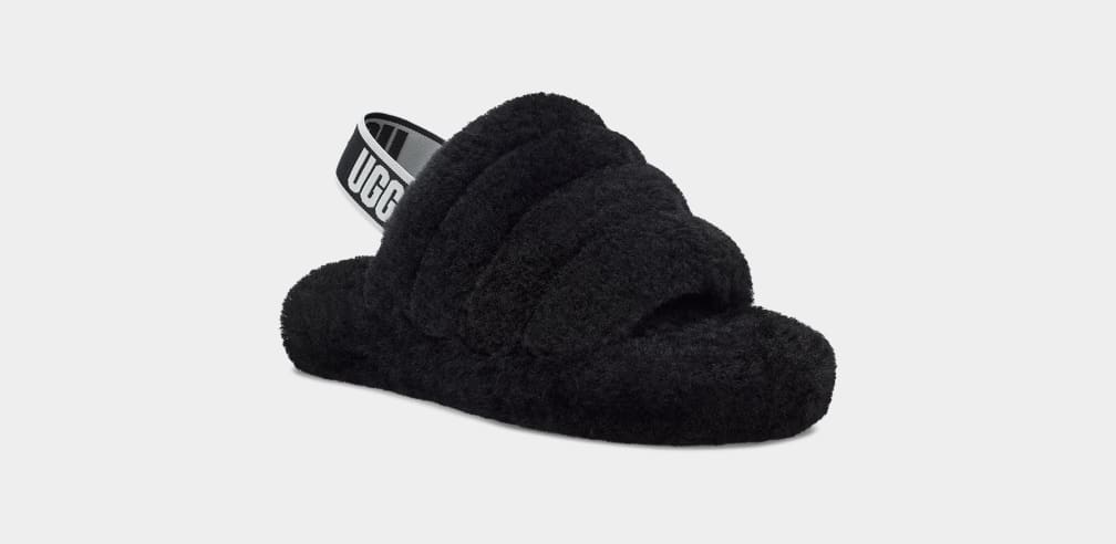 Black Ugg Fluff Yeah Kids' Slippers | 683014-HCT