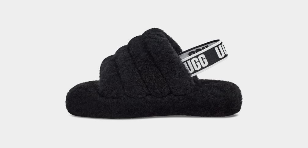 Black Ugg Fluff Yeah Kids' Slippers | 683014-HCT