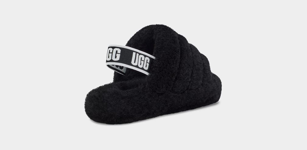 Black Ugg Fluff Yeah Kids' Slippers | 683014-HCT