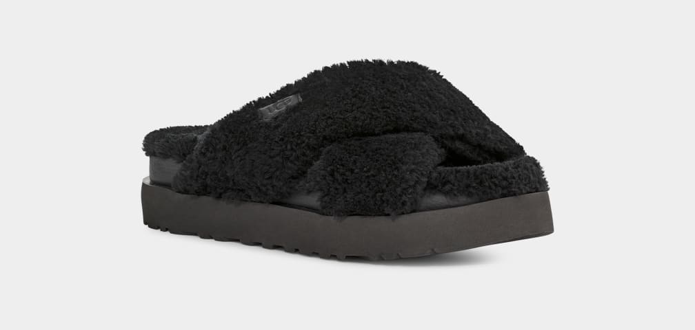 Black Ugg Fuzz Sugar Cross Women Slides | 932174-JRA