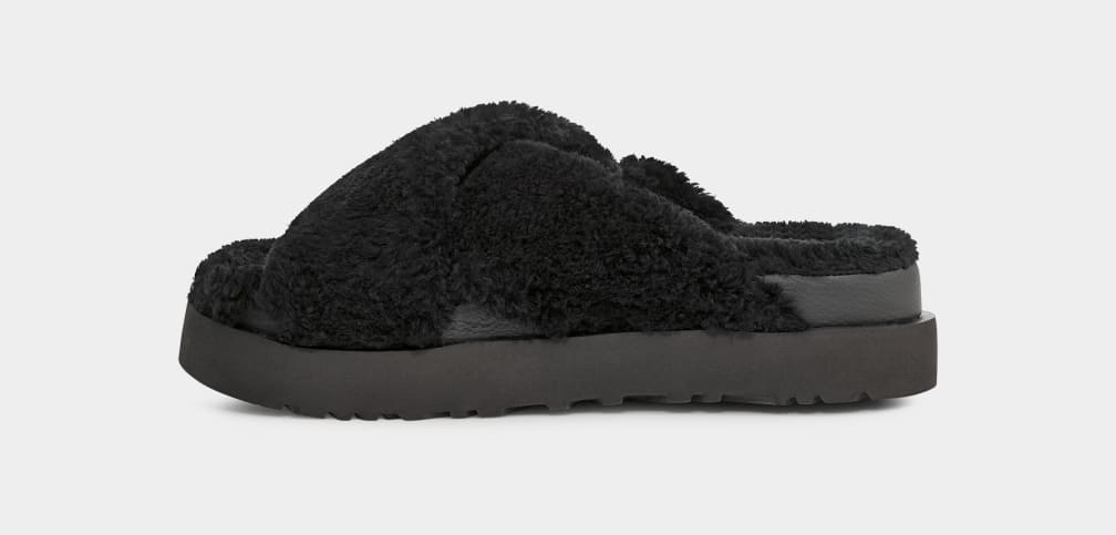 Black Ugg Fuzz Sugar Cross Women Slides | 932174-JRA