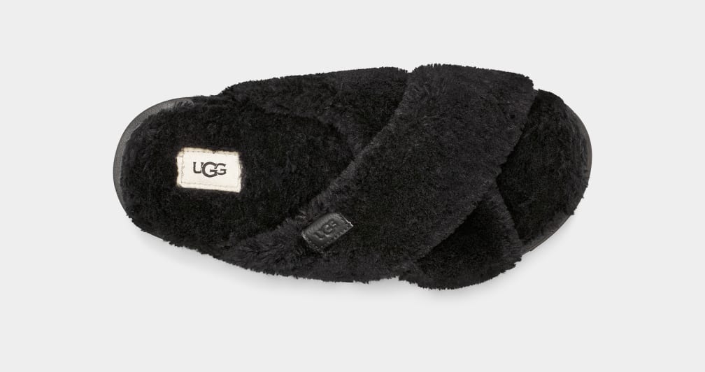 Black Ugg Fuzz Sugar Cross Women Slides | 932174-JRA