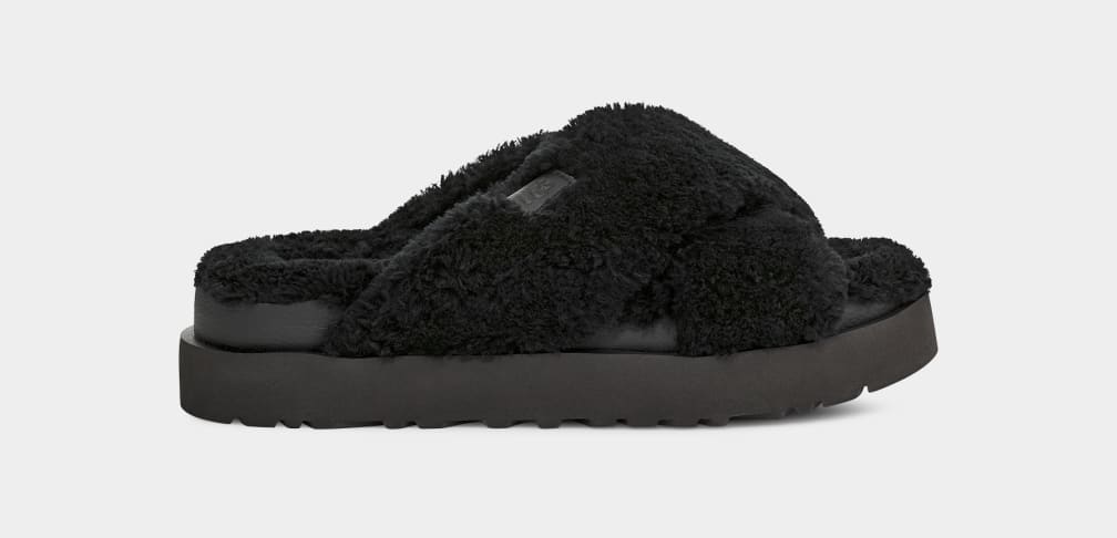 Black Ugg Fuzz Sugar Cross Women Slides | 932174-JRA