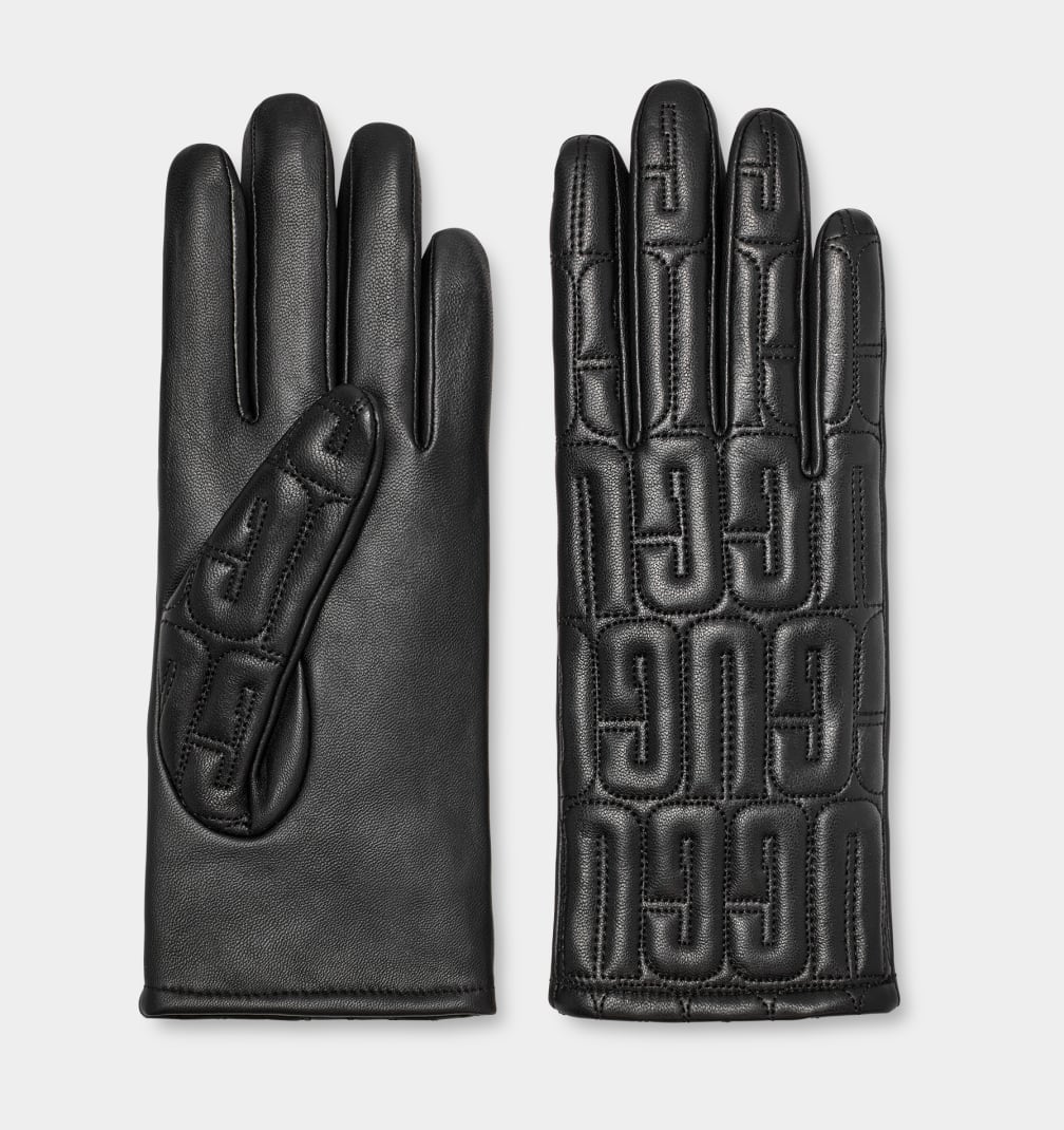 Black Ugg Leather Quilted Logo Women Gloves | 483602-AIZ