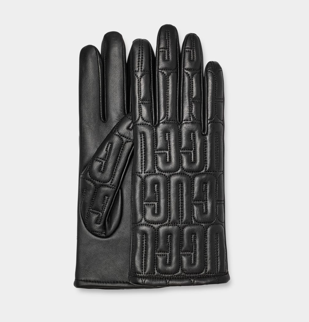 Black Ugg Leather Quilted Logo Women Gloves | 483602-AIZ