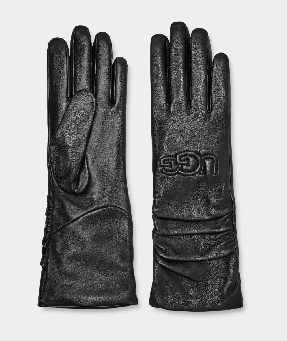 Black Ugg Leather Scrunched Logo Women Gloves | 127034-ECM