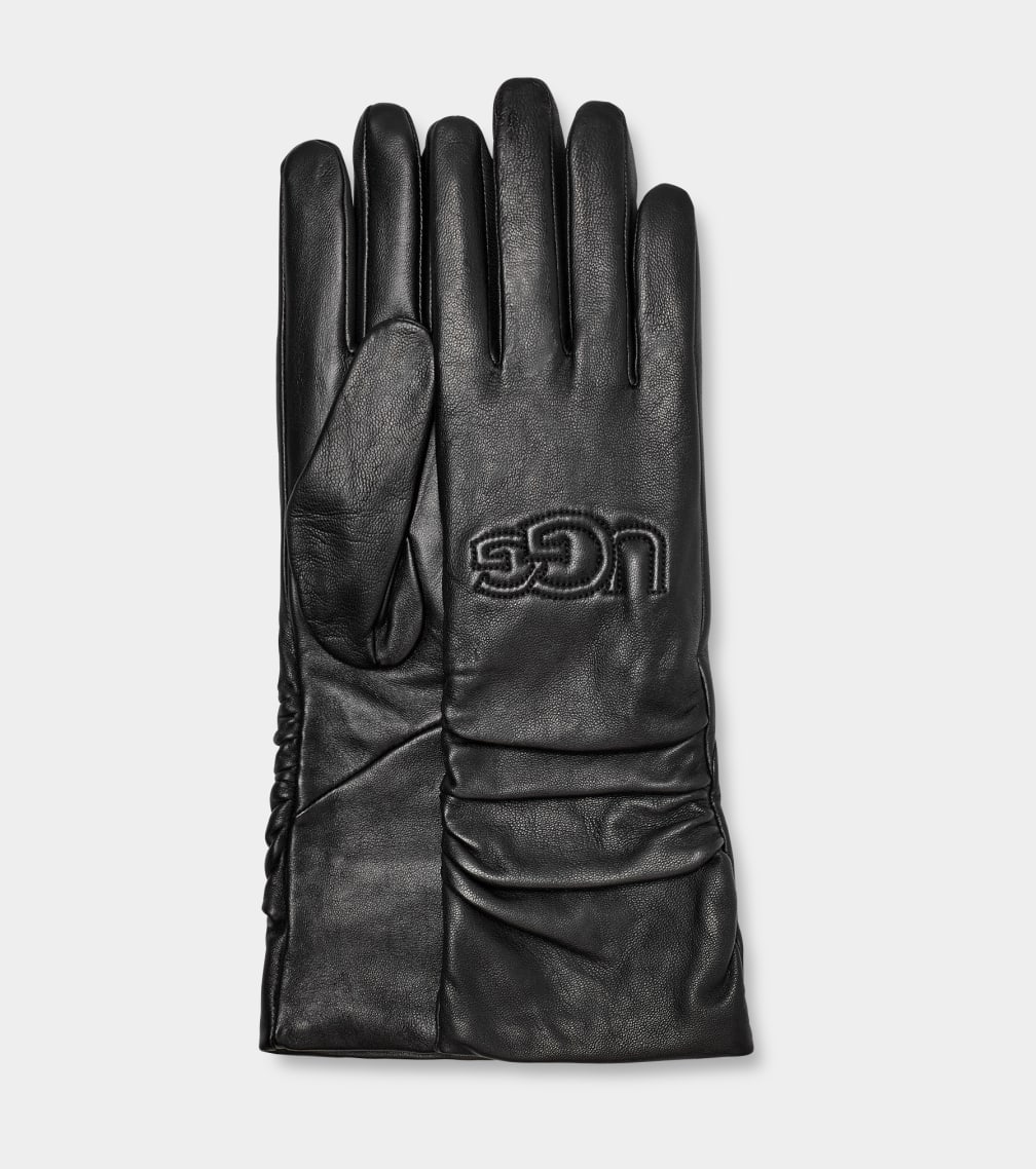 Black Ugg Leather Scrunched Logo Women Gloves | 127034-ECM