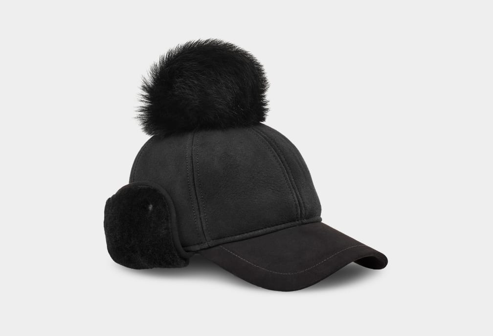 Black Ugg Leather Sheepskin Trapper Women Caps | 274965-OPB