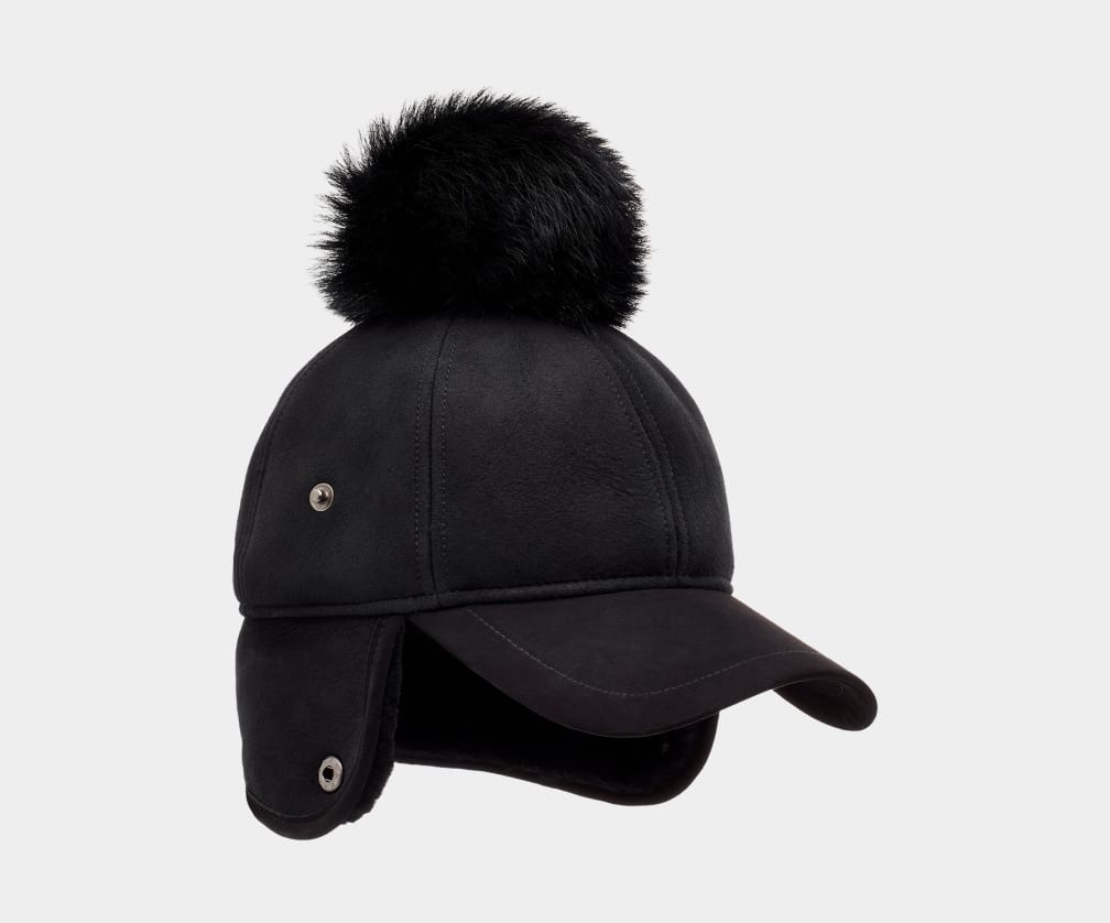 Black Ugg Leather Sheepskin Trapper Women Caps | 274965-OPB