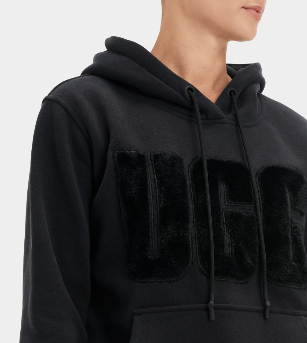 Black Ugg Rey Fuzzy Logo Women Hoodie | 073452-QCJ