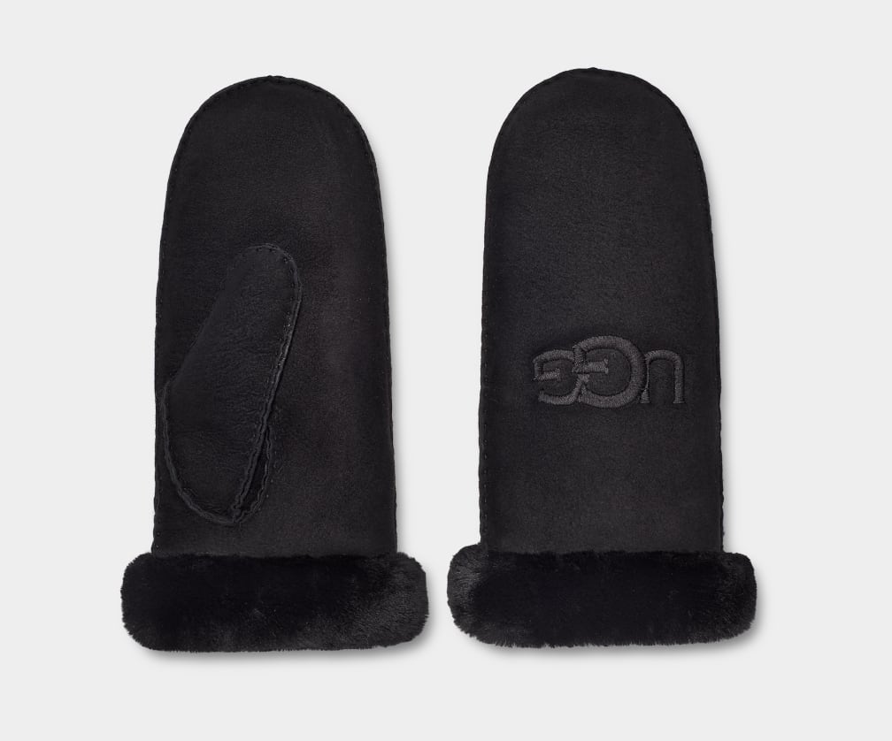 Black Ugg Shearling Embroider Mitten Women Gloves | 453976-ENO