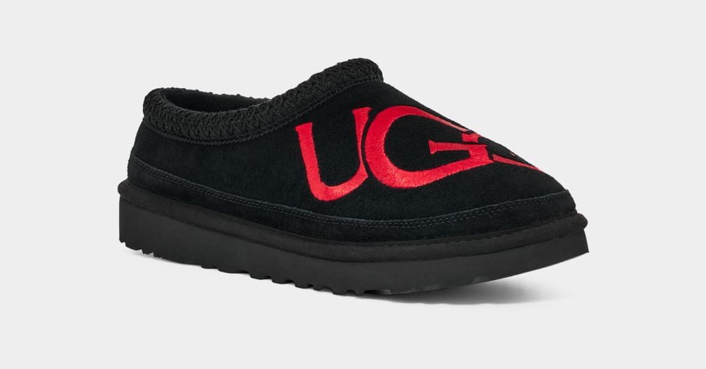 Black / Red Ugg Tasman Logo Men Slippers | 831502-ZVJ