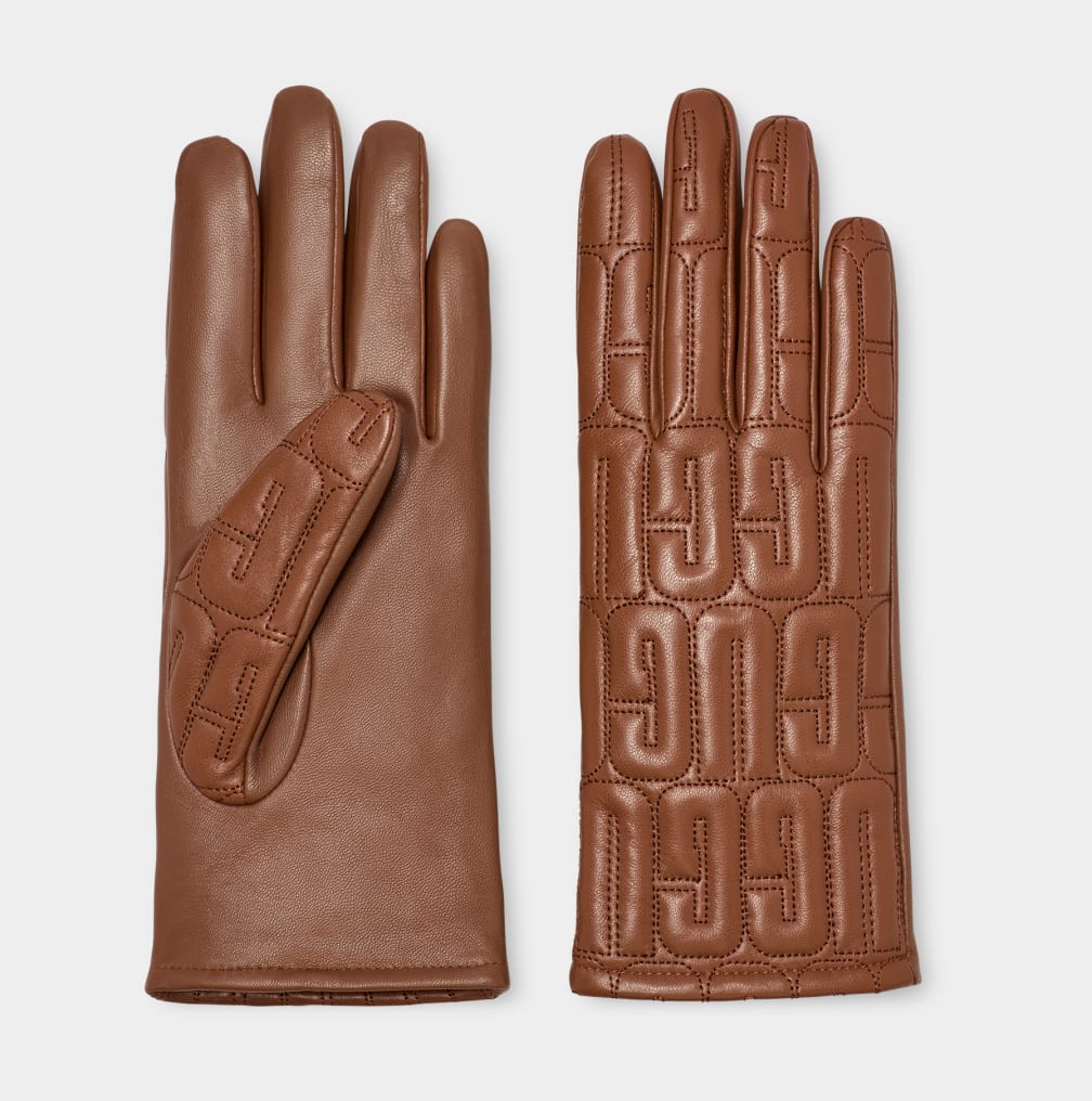 Brown Ugg Leather Quilted Logo Women Gloves | 730912-WNT