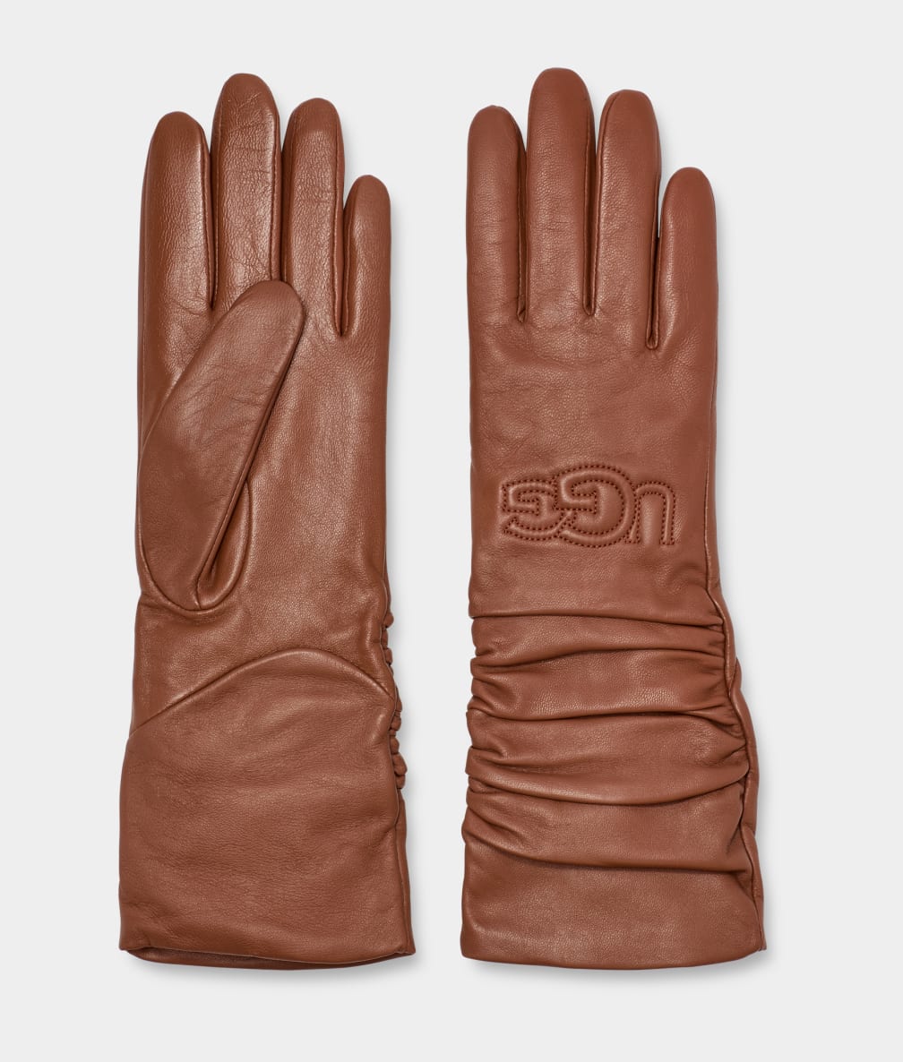 Brown Ugg Leather Scrunched Logo Women Gloves | 130279-FQK