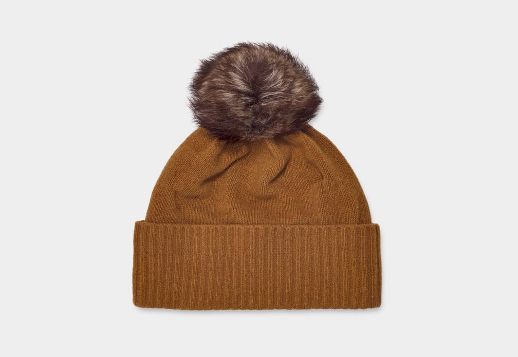 Brown Ugg Pryce Rib Knit Pom Women Hats | 536104-QFG