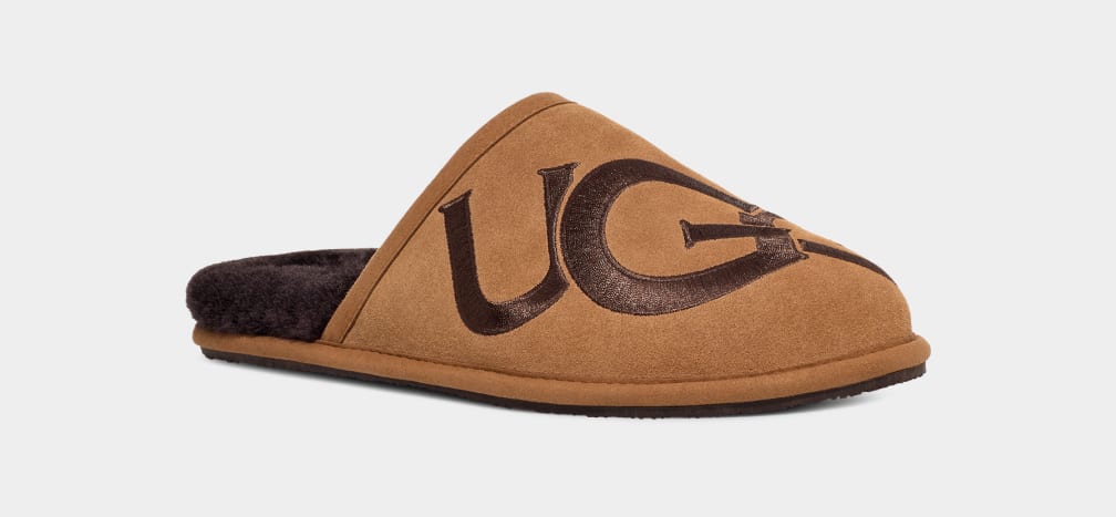 Brown Ugg Scuff Logo II Men Slippers | 708364-FLC