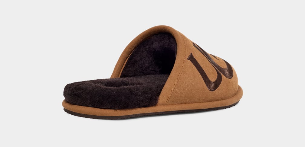 Brown Ugg Scuff Logo II Men Slippers | 708364-FLC