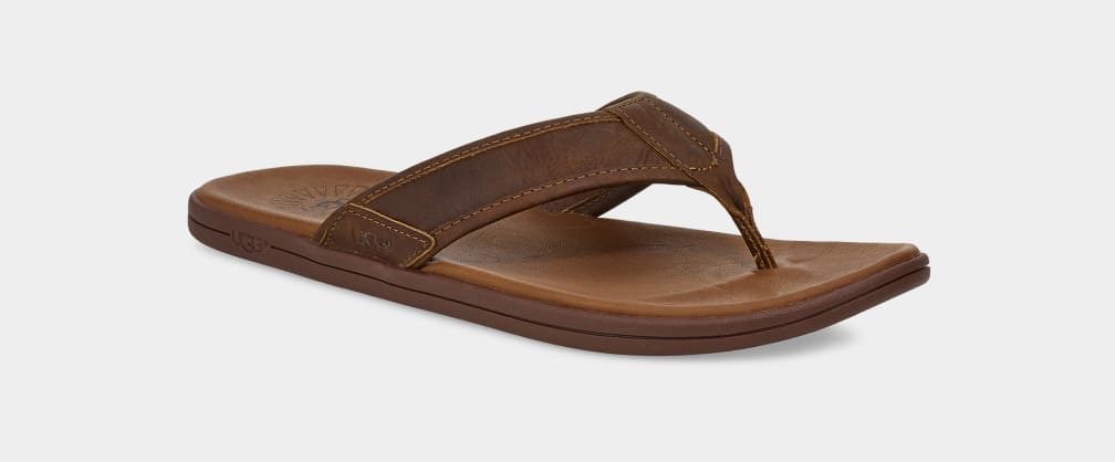 Brown Ugg Seaside Leather Men Slides | 642731-ZTB