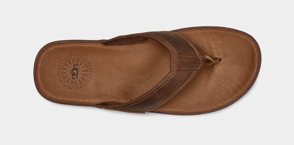 Brown Ugg Seaside Leather Men Slides | 642731-ZTB