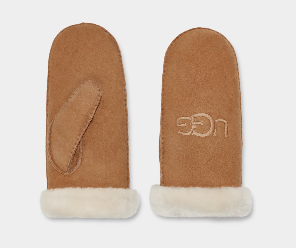 Brown Ugg Shearling Embroider Mitten Women Gloves | 084231-BJE