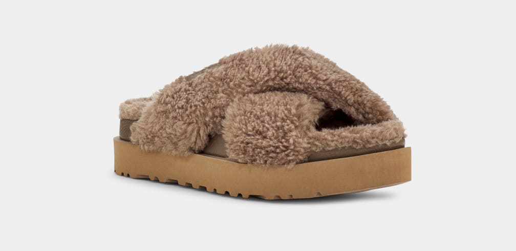 Chocolate Ugg Fuzz Sugar Cross Women Slides | 203589-PIB