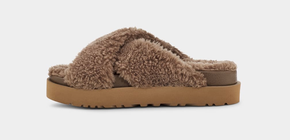 Chocolate Ugg Fuzz Sugar Cross Women Slides | 203589-PIB