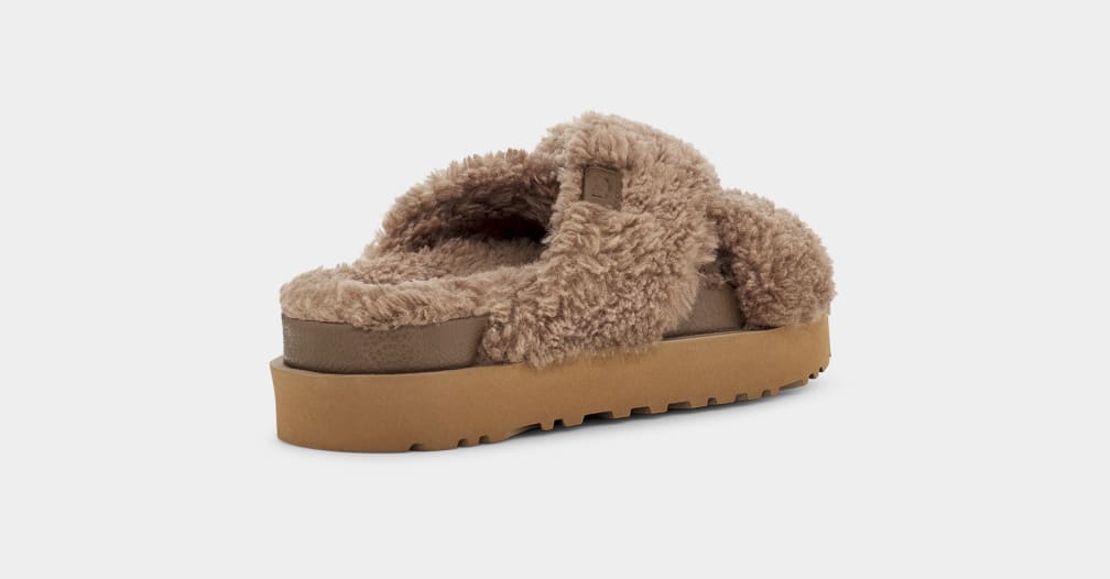 Chocolate Ugg Fuzz Sugar Cross Women Slides | 203589-PIB