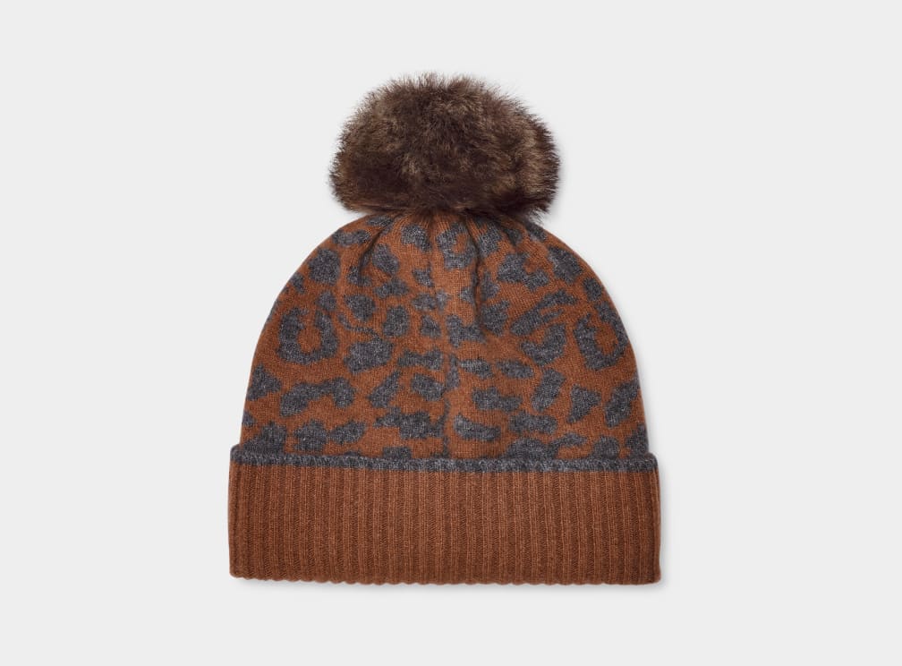 Grey Ugg Pryce Leopard Rib Knit Pom Women Hats | 061952-VDO