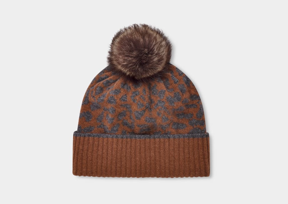 Grey Ugg Pryce Leopard Rib Knit Pom Women Hats | 061952-VDO