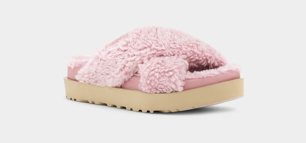 Pink Ugg Fuzz Sugar Cross Women Slides | 630574-JBN