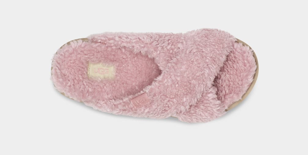 Pink Ugg Fuzz Sugar Cross Women Slides | 630574-JBN