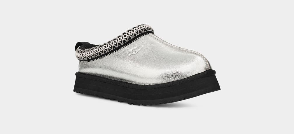 Silver / Metal Ugg Tazz Leather Kids' Slippers | 192304-CAZ