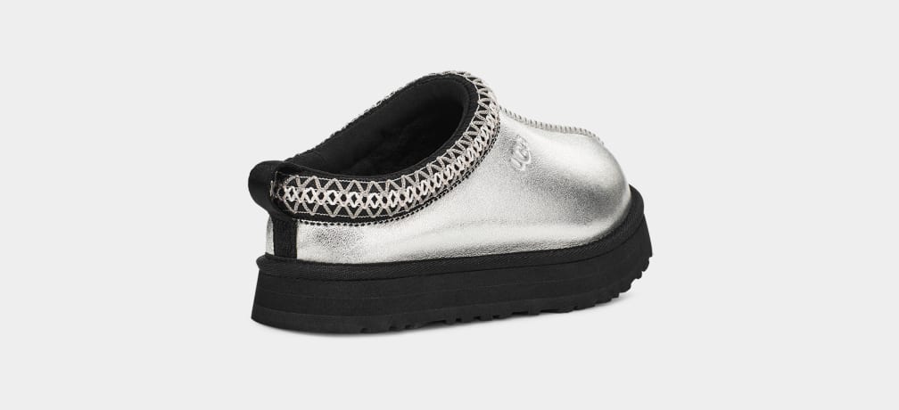 Silver / Metal Ugg Tazz Leather Kids' Slippers | 192304-CAZ